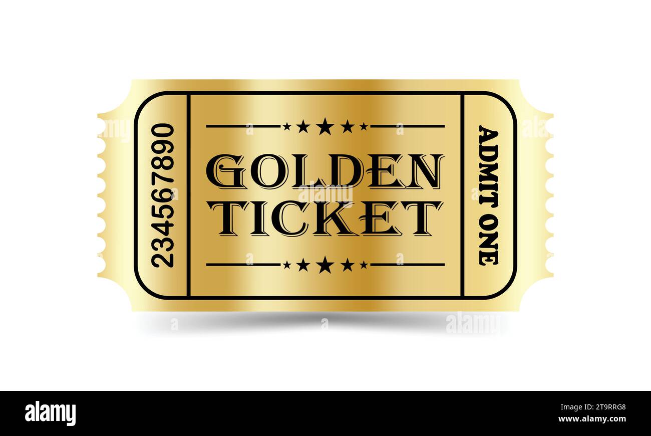 Realistic Golden ticket with stars and the inscription 'Admit one. vector illustration. Stock Vector