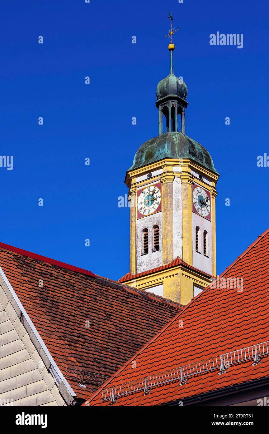 Tower of the former Silvester Church, today the Swabian Tower Clock Museum, Minelheim, Bavaria, Germany Stock Photo