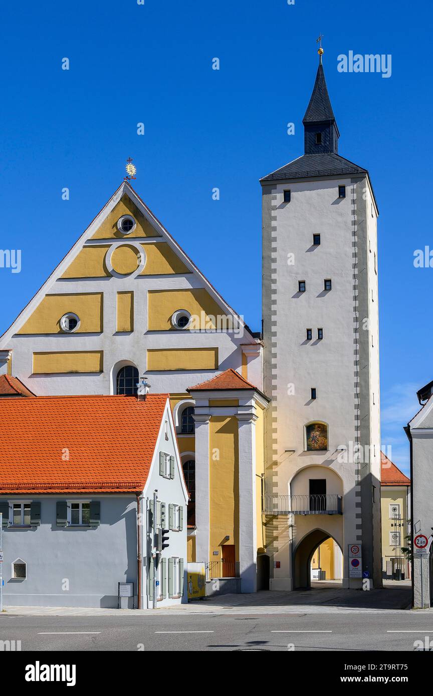 Lower Gate and Jesuit Church of the Annunciation of the Virgin Mary, Mindelheim, Bavaria, Germany Stock Photo