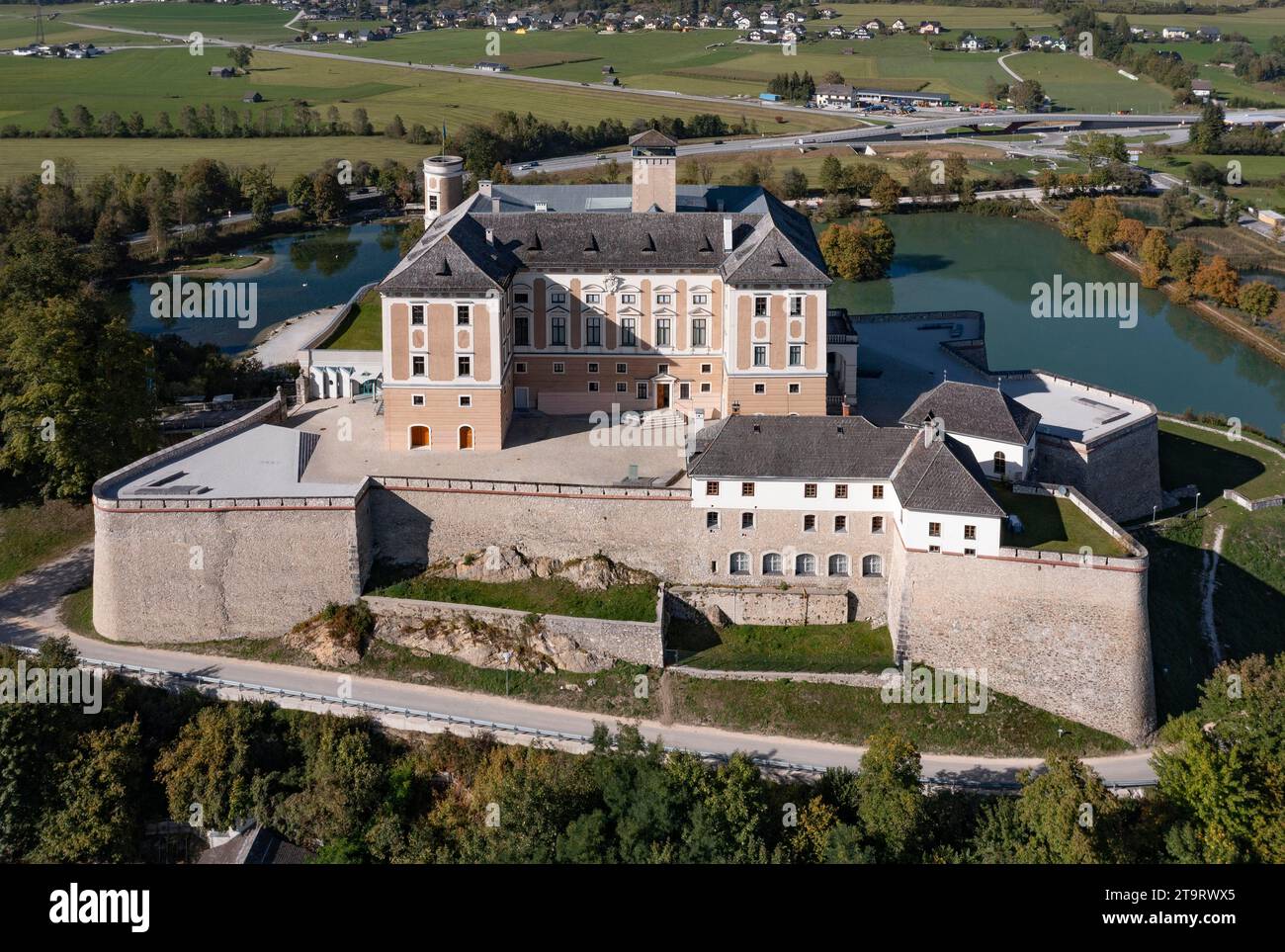 Drone shot, Trautenfels Castle, Stainach Puergg, Ennstal, Styria, Austria Stock Photo