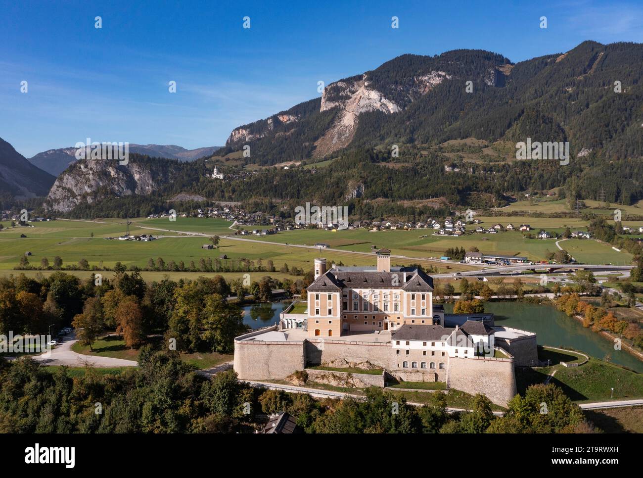 Drone shot, Trautenfels Castle, Stainach Puergg, Ennstal, Styria, Austria Stock Photo