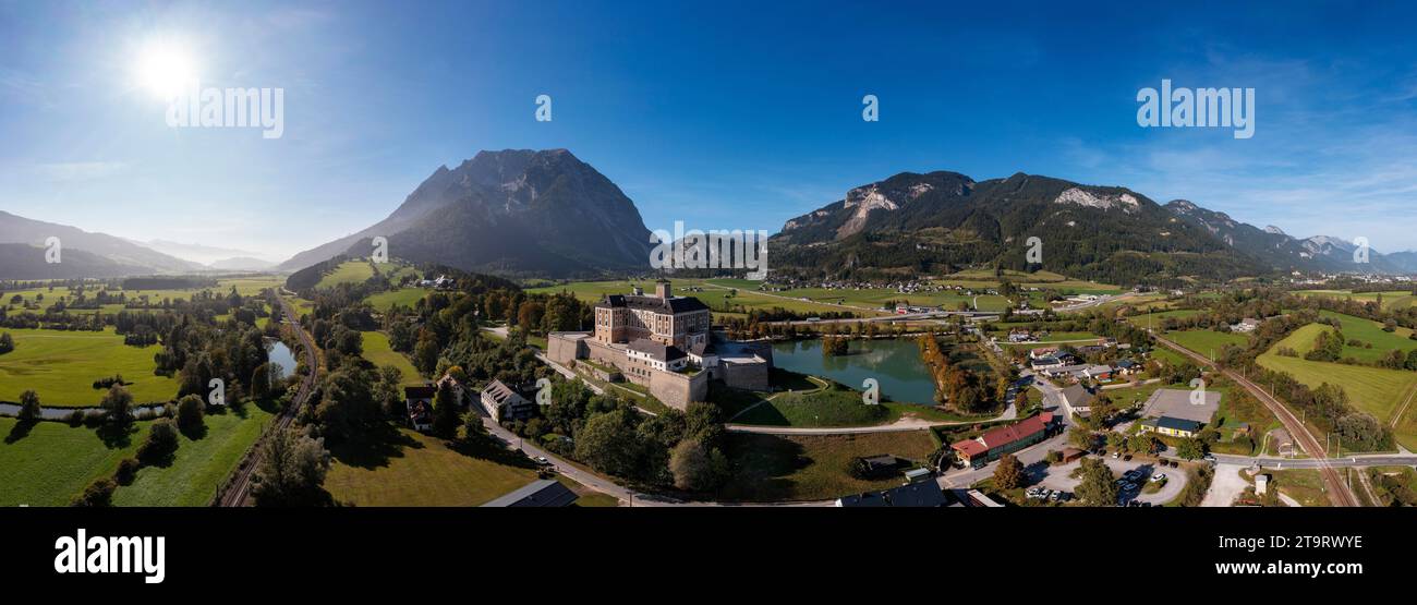 Drone shot, Trautenfels Castle with Grimming, Stainach Puergg, Ennstal, Styria, Austria Stock Photo