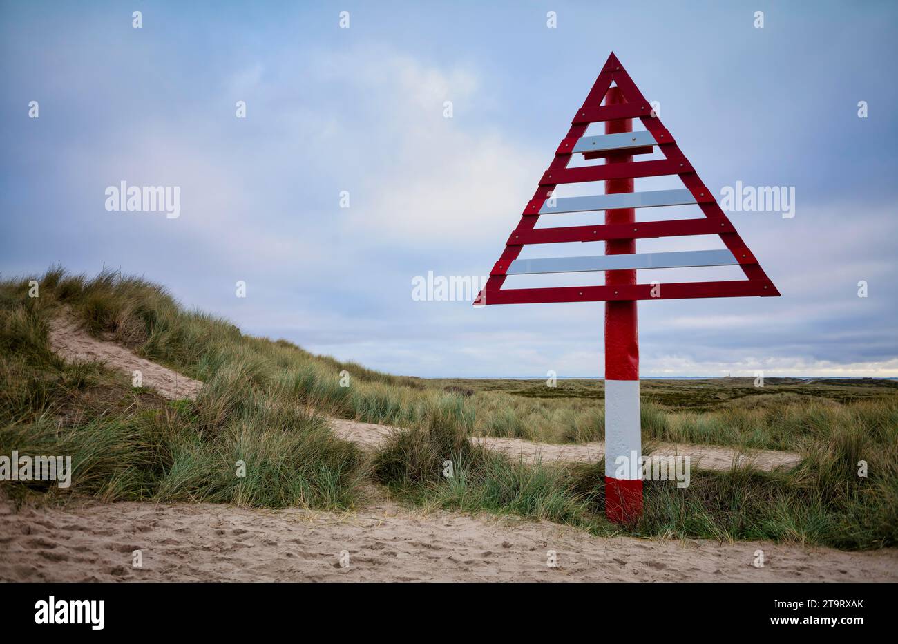 Border beacon List-West, sea mark for defining the German-Danish border, dunes, Ellenbogen, List, North Sea island of Sylt, North Frisia Stock Photo