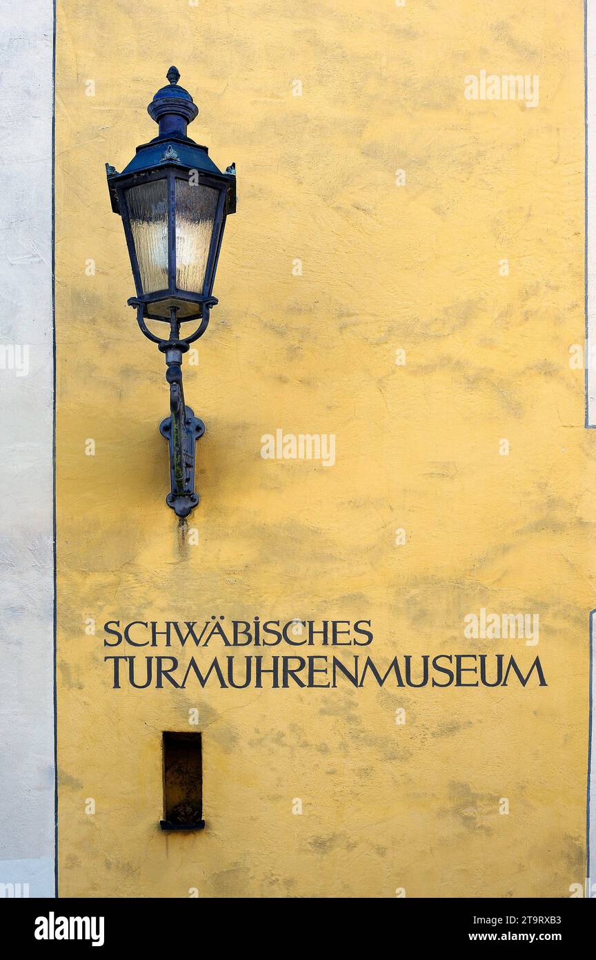 Lettering with lantern, Swabian Tower Clock Museum, Minelheim, Bavaria, Germany Stock Photo