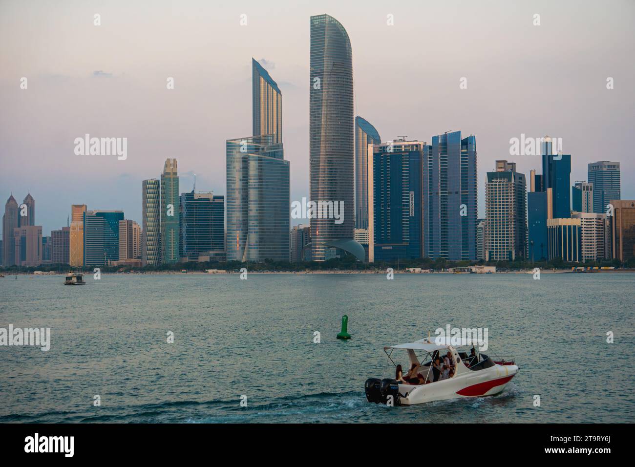 Abu Dhabi skyline at sunset, from the Abu Dhabi view point, in the UAE Stock Photo