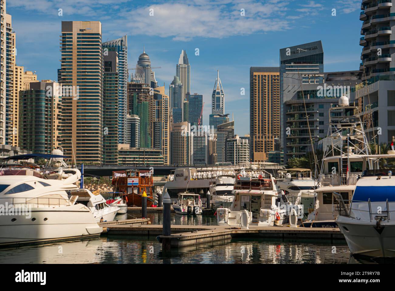 The interior parts of Dubai Marina alongside the walking strip, with