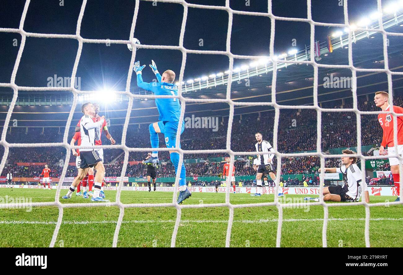 Alexander Schlager, AUT 1  compete for the ball, tackling, duel, header, zweikampf, action, fight against Florian Wirtz, Nr. 17 DFB David ALABA, AUT 8 Nicolas Seewald, AUT 6  in the friendly match AUSTRIA - GERMANY 2-0 ÖSTERREICH - DEUTSCHLAND 2-0 Preparation for European Championships 2024  Germany ,Season 2023/2024, on Nov 21, 2023  in Vienna, Austria.  © Peter Schatz / Alamy Stock Photos Stock Photo