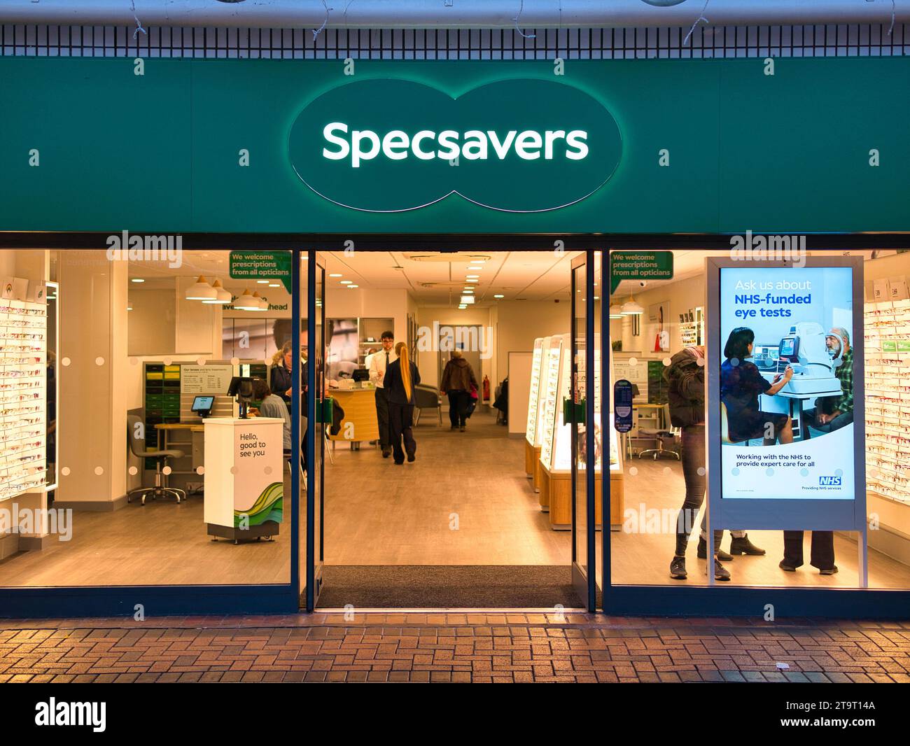 The frontage of a branch of optical retail chain Specsavers. The company sells glasses, sunglasses, contact lenses and also hearing aids. Stock Photo