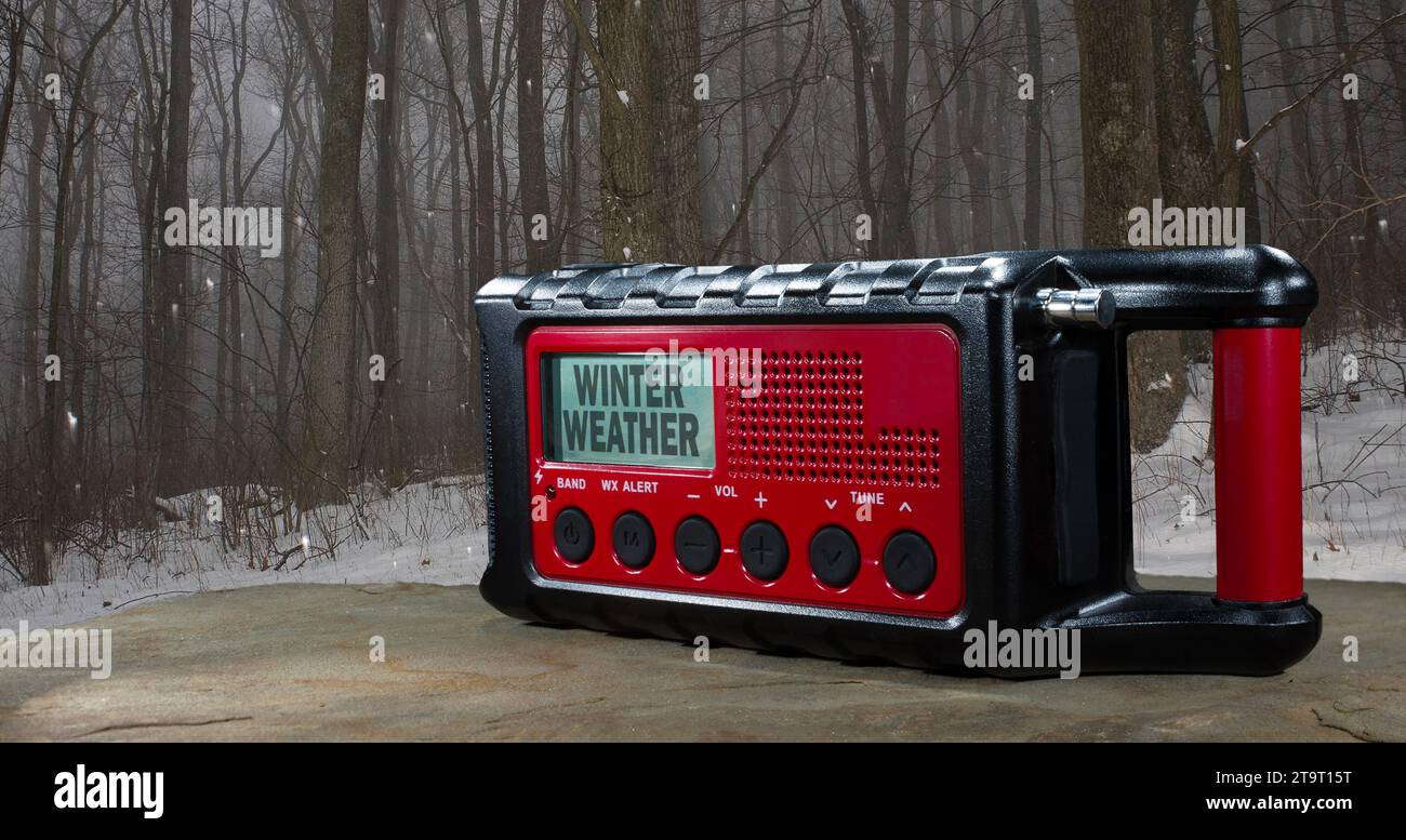Snow piling up in a forest behind a red, battery powered weather radio
