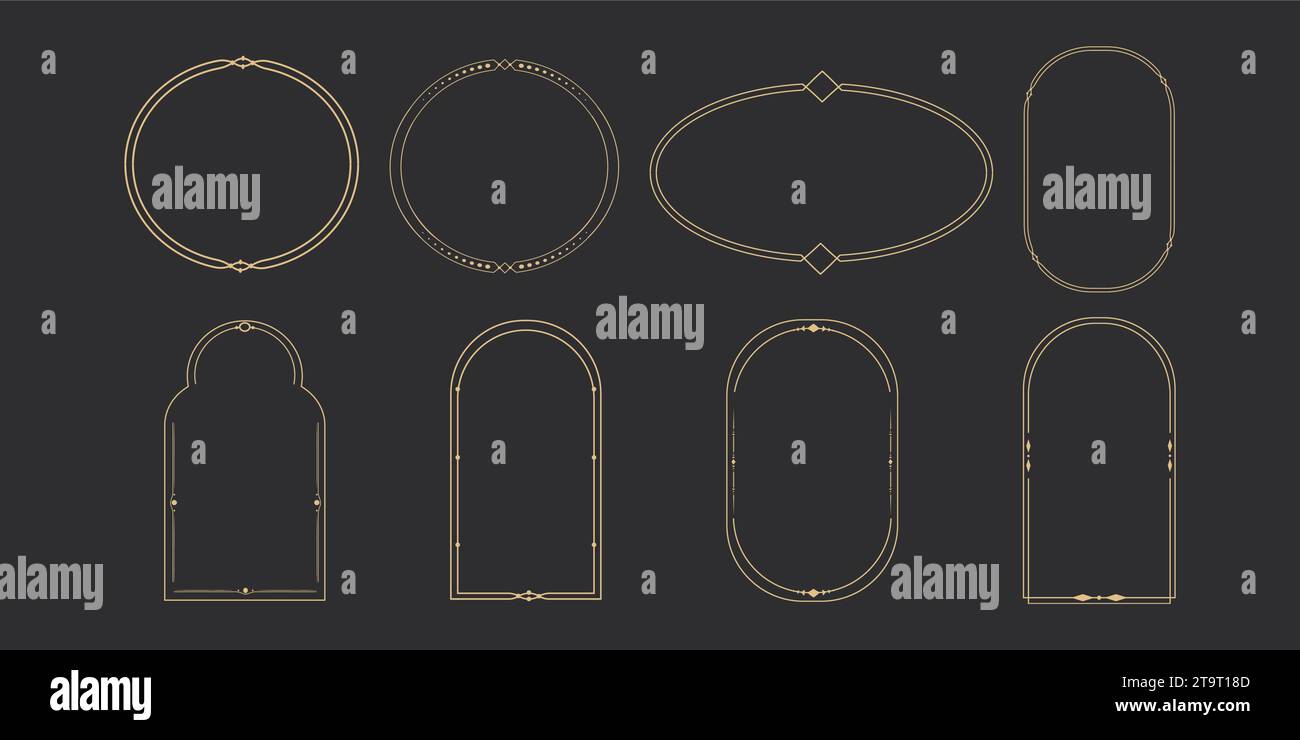 Set Golden celestial frames, borders, oval, circle and arch line art ...