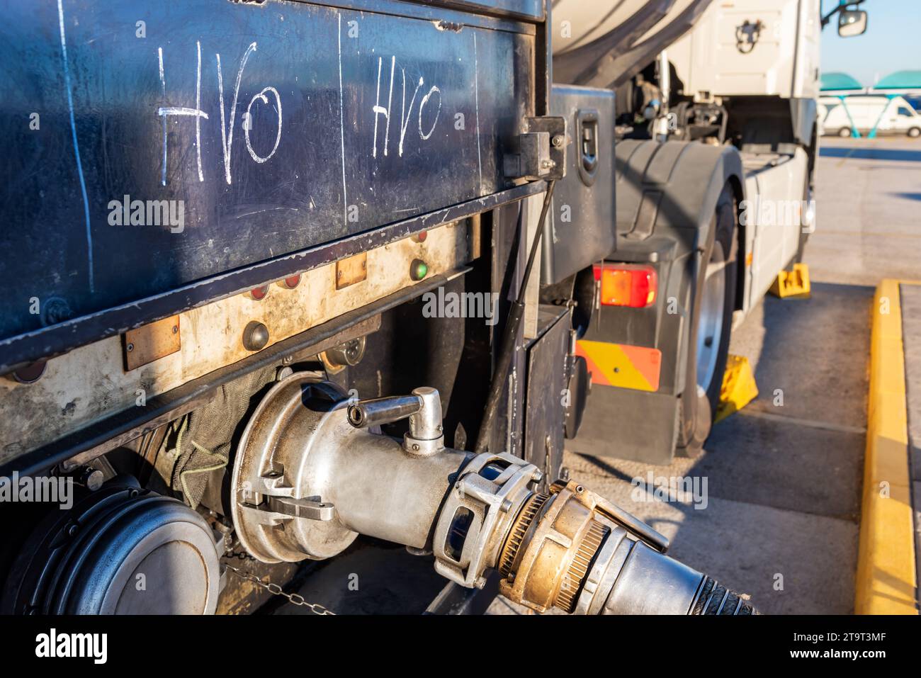 Tanker truck unloading the new 100 renewable diesel fuel called HVO