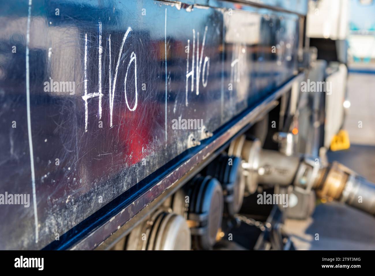 Fuel tanker truck unloading the new 100 renewable diesel fuel called