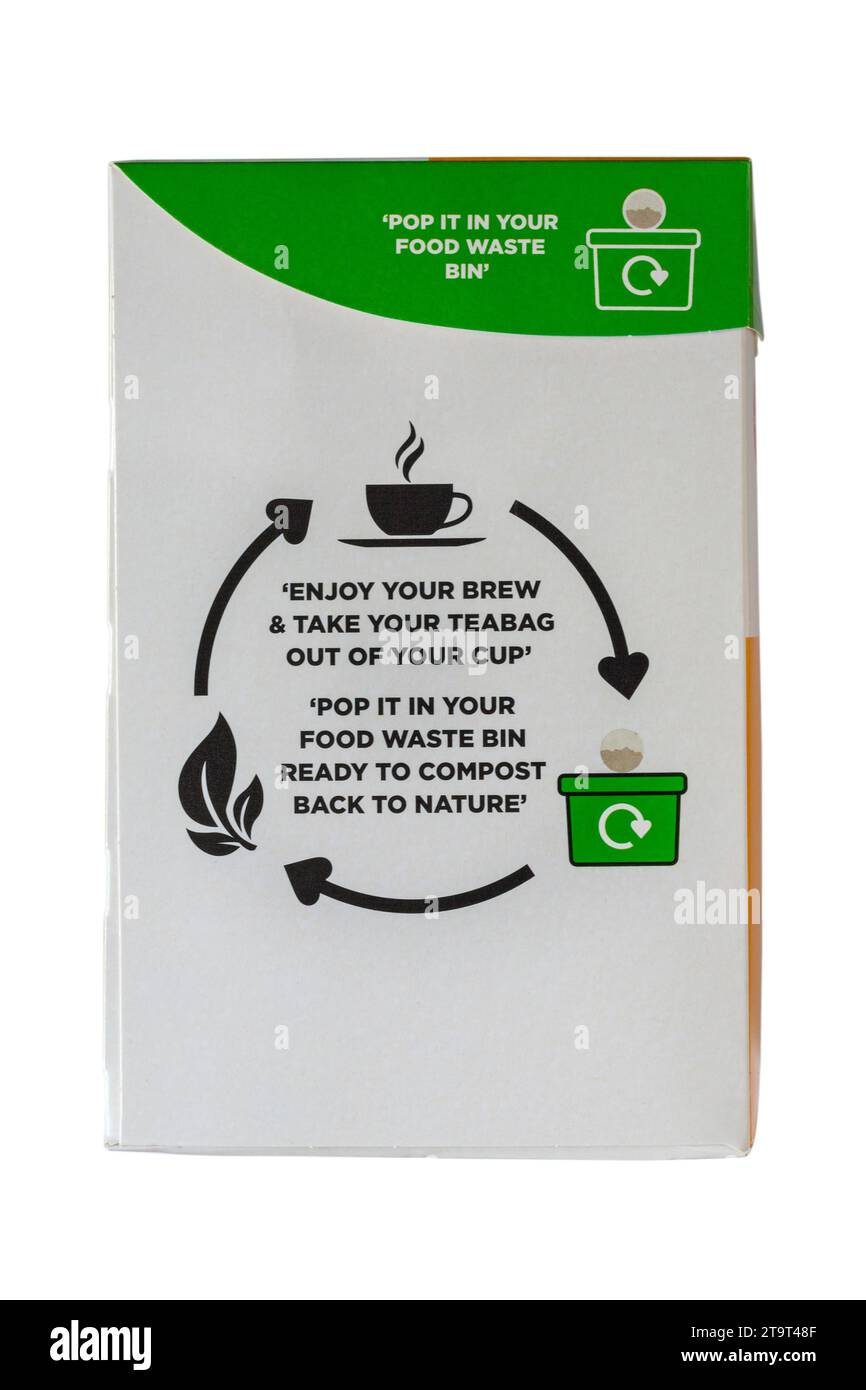 pop it in your food waste bin - information on box of Stamford Street Co tea bags from Sainsburys isolated on white background Stock Photo