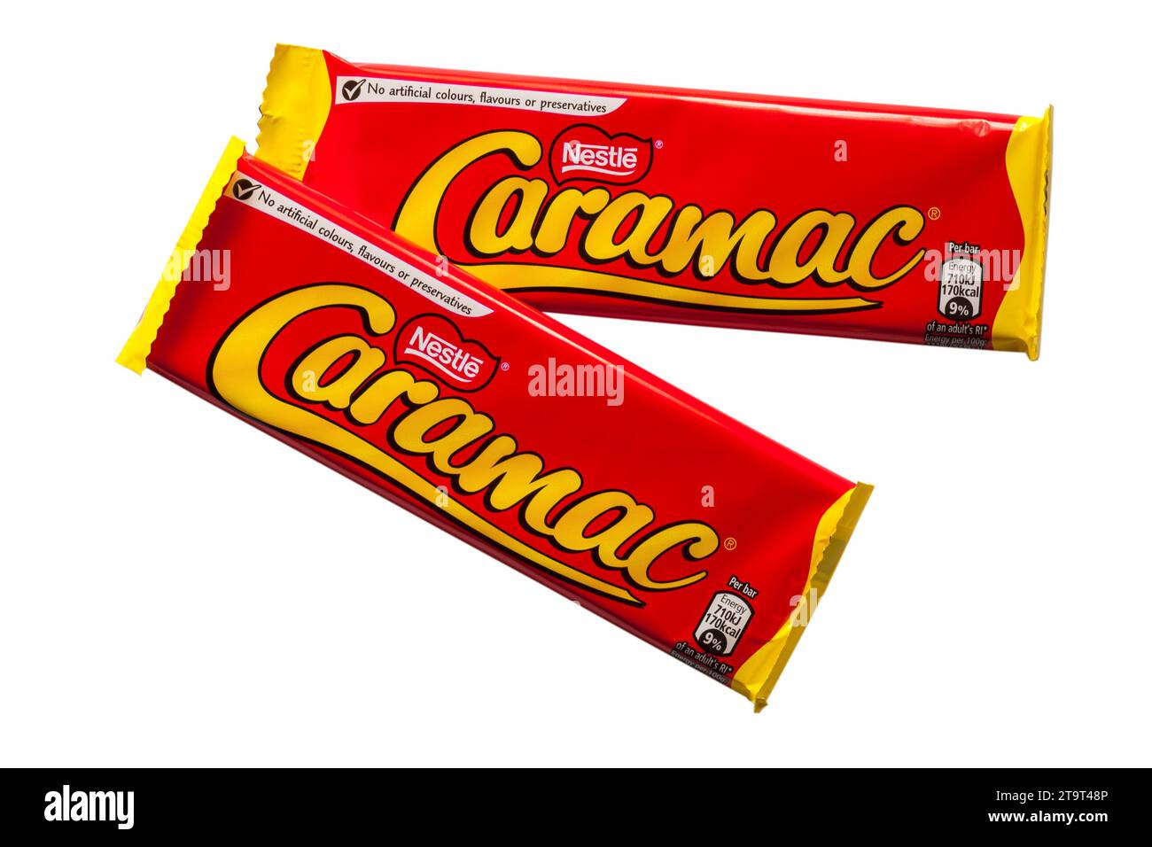 2 two bars of Nestle Caramac chocolate isolated on white background - looking down on from above - The Caramel Flavour bar Stock Photo