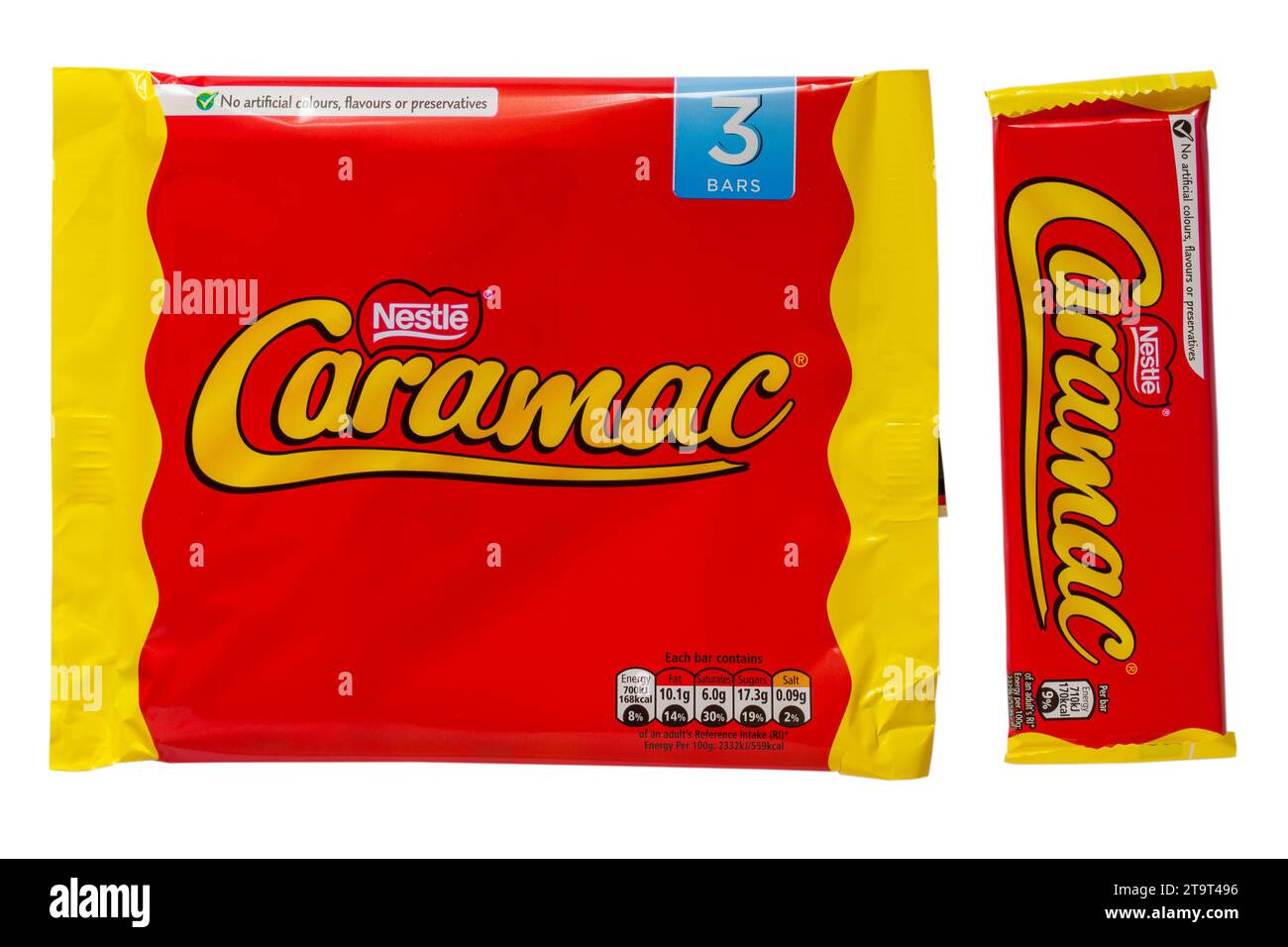 multi pack multipack of Nestle Caramac chocolate bars with one bar removed isolated on white background - looking down on from above Stock Photo