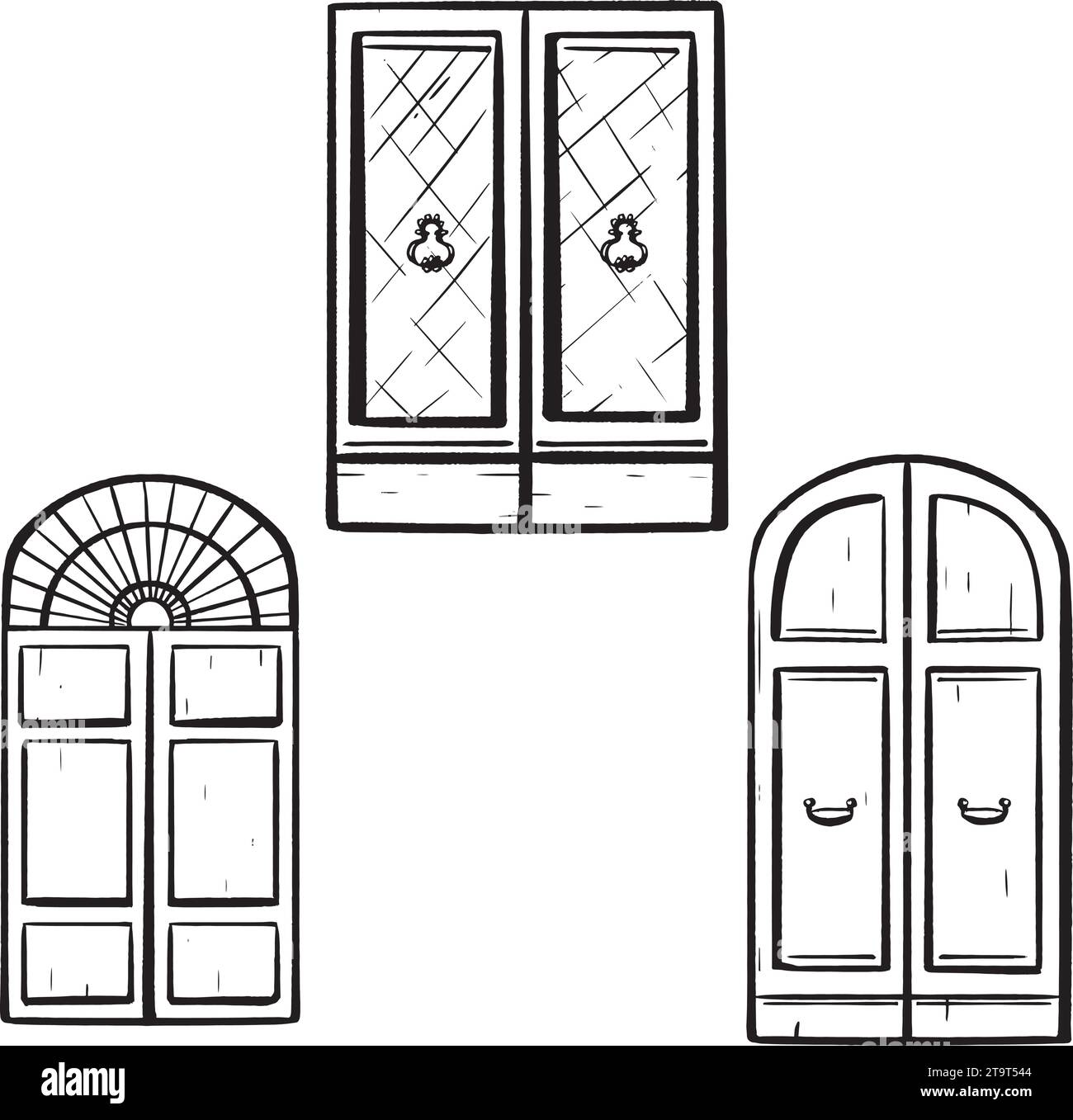 Set. Hand-drawn ink vector. Italian wooden door with elegant wrought iron handles. Glass on the facade. Closed entry. Double oak doors. for logos Stock Vector