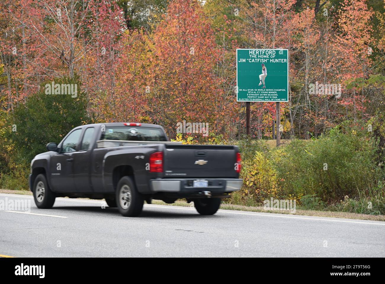 Roadside tribute to baseball player Jim "Catfish" Hunter, hometown hero