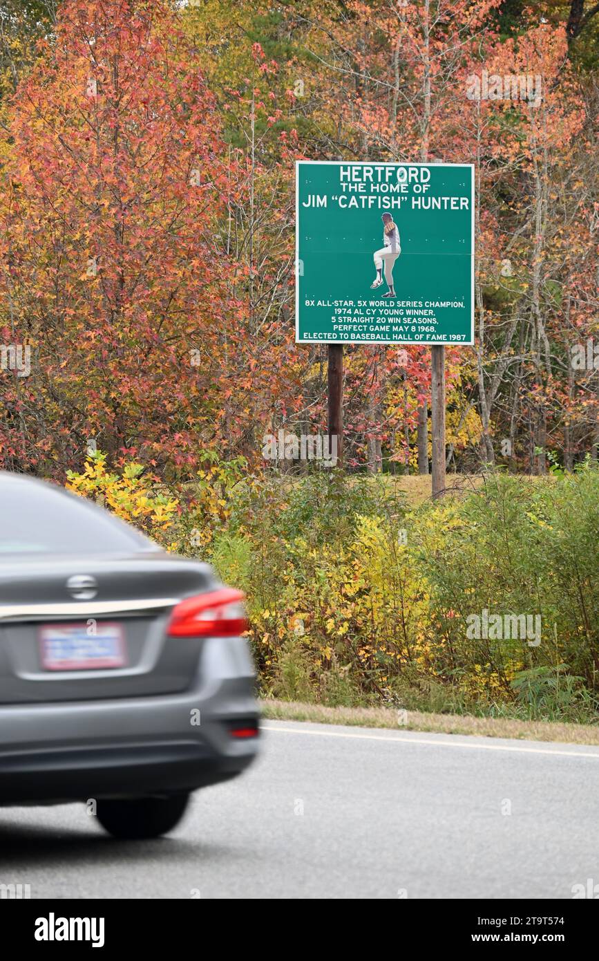Roadside tribute to baseball player Jim 'Catfish' Hunter, hometown hero in the small town of Hertford, North Carolina Stock Photo