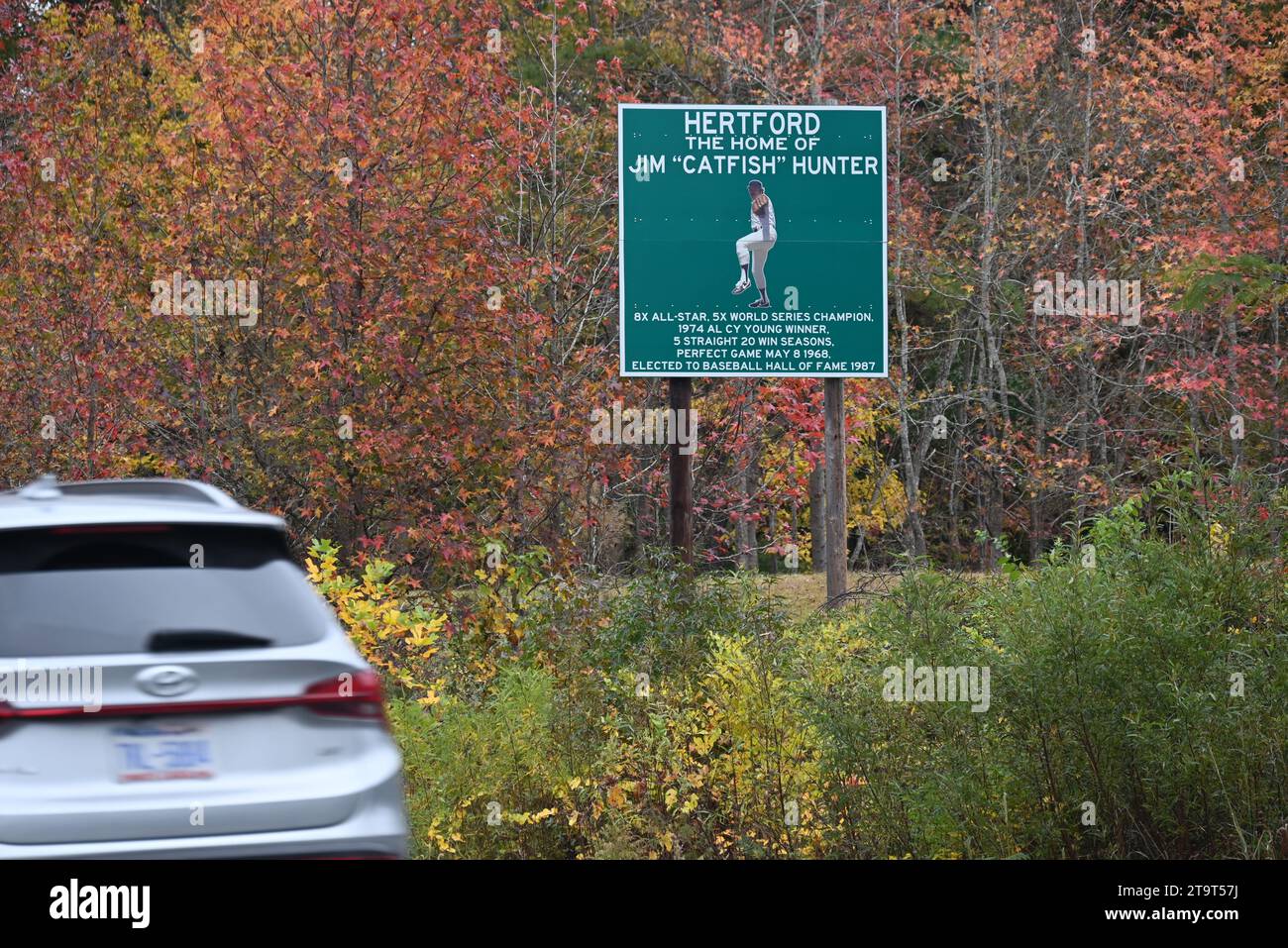 Roadside tribute to baseball player Jim "Catfish" Hunter, hometown hero