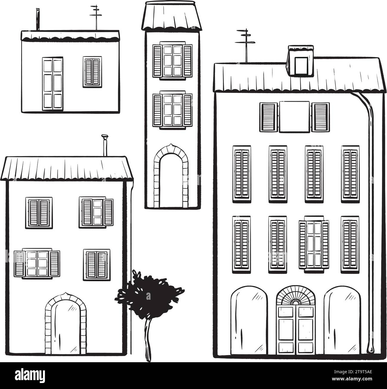 Set. Composition. ink vector. Italian. Exterior sketch a street. entryways, windows with shutters chimneys and an antenna. Trees. Perfect for Stock Vector