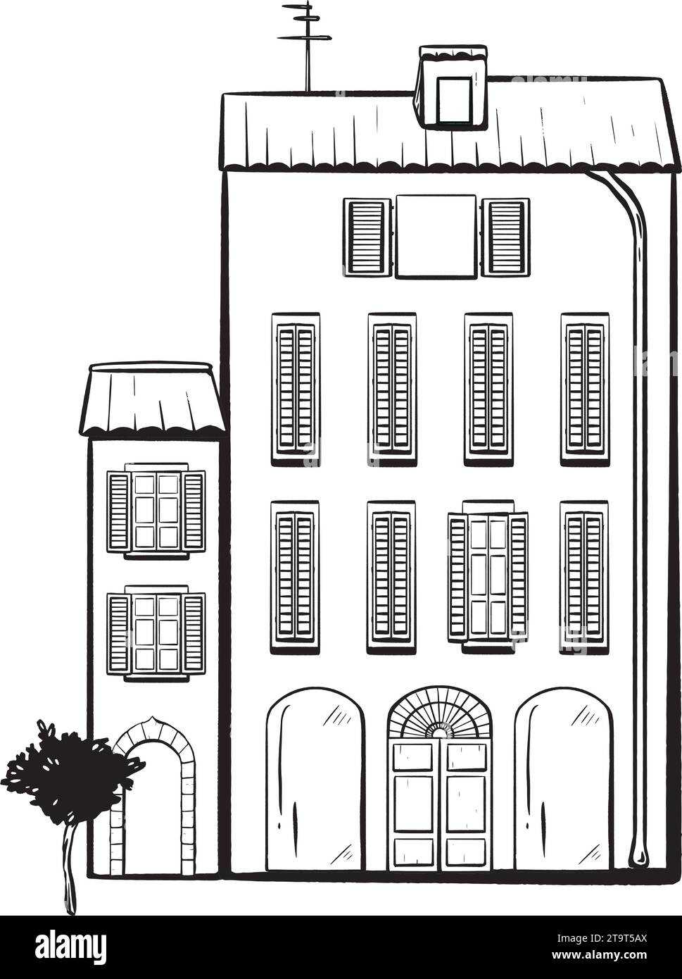 ink vector. Italian. Exterior sketch a street. entryways, windows with shutters chimneys and an antenna. Trees. Perfect for brochures travel imagery Stock Vector