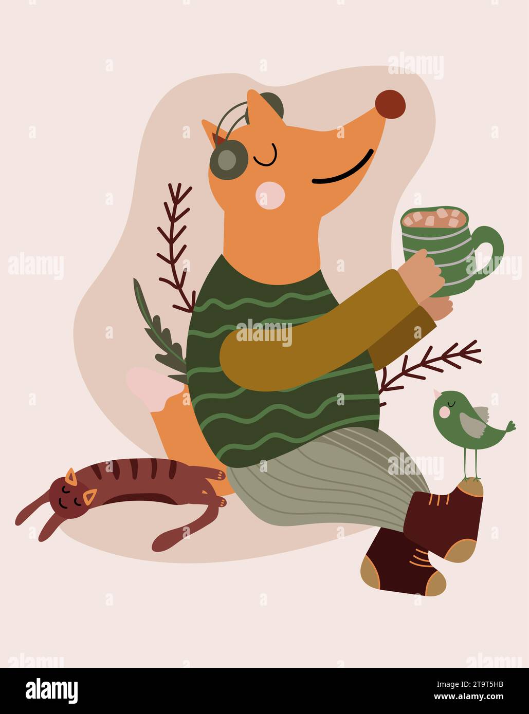 Cute illustration with red fox drinking hot tea and listening to music, lazy cat, bird. Perfect vector design for posters, greeting cards and various creative projects. Vector.  Stock Vector