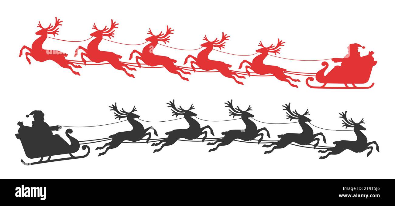 Santa Claus rides on a flying sleigh drawn by reindeer. Christmas vector illustration, silhouette Stock Vector