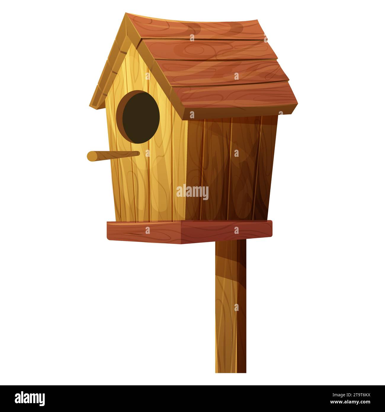 Wooden bird house, place for nest, empty decoration in cartoon style