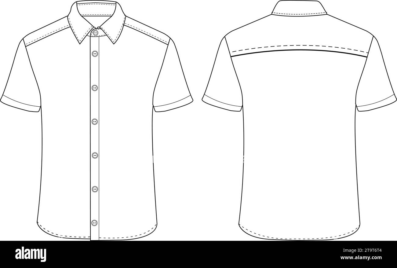 Short sleeved men resort shirt flat technical drawing vector illustration mockup template design Stock Vector