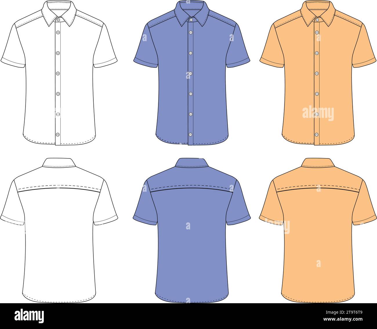 Short sleeved men resort shirt flat technical drawing vector illustration mockup template design Stock Vector