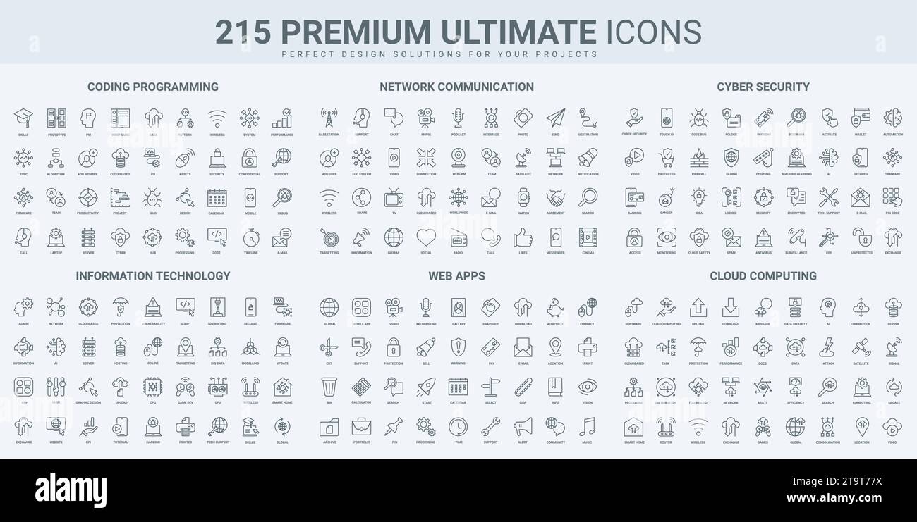 Program code and network communication, mobile app for media thin black line icons set vector illustration. Outline symbols of online video and TV, da Stock Vector