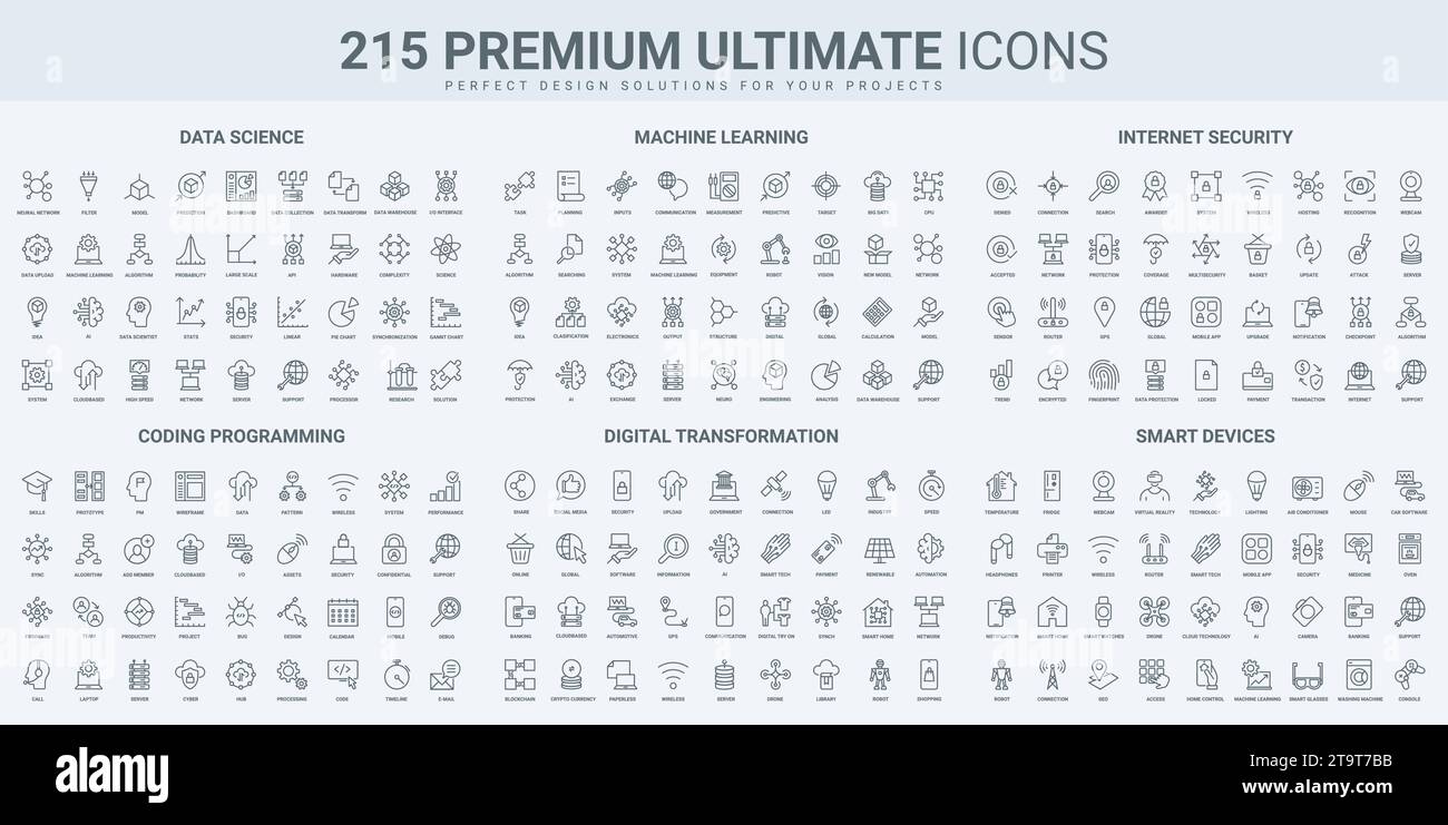 Science data research, cyber technology and software code thin black line icons set vector illustration. Outline symbols of smart digital devices and Stock Vector