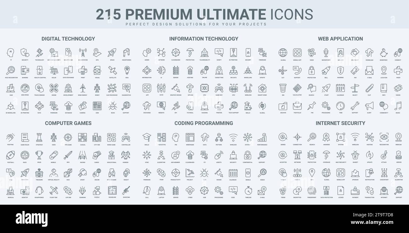 Video games, software code, cloud technology thin black line icons set vector illustration. Outline symbols of digital data infrastructure and develop Stock Vector