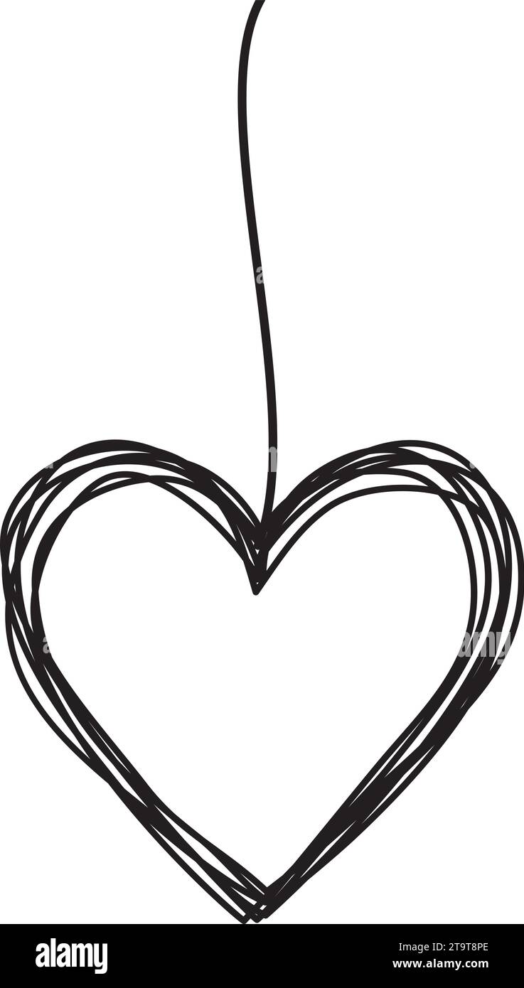 Tangled scribbled heart hanging on a string, hand drawn with thin line
