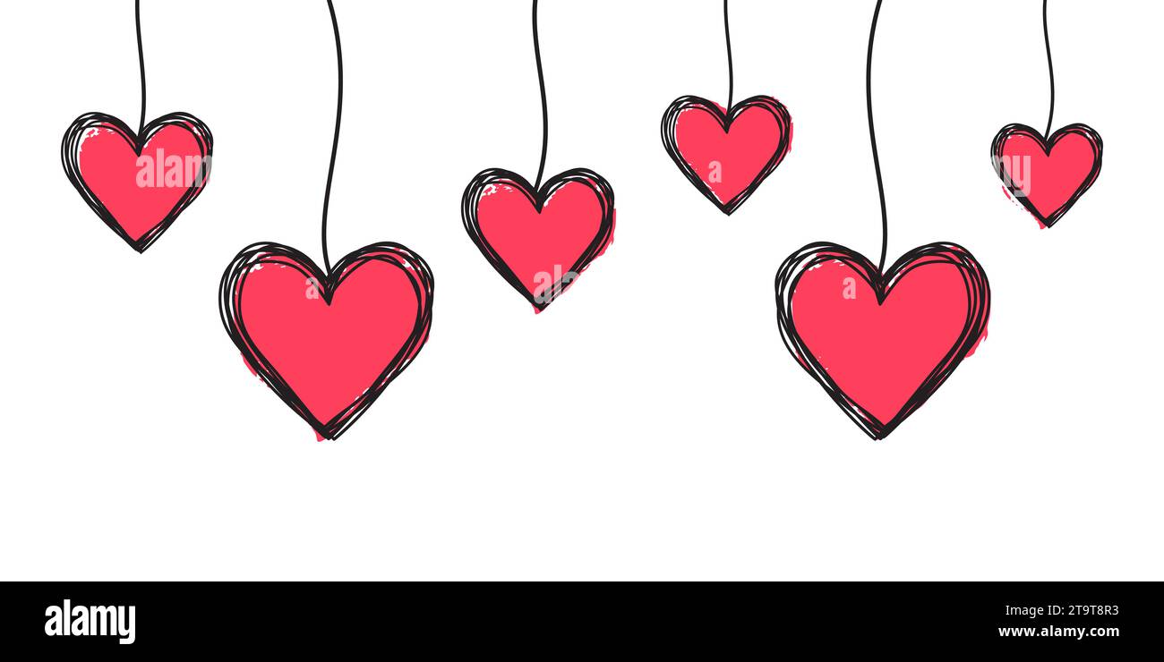 Tangled scribbled hearts hanging on a string, hand drawn with thin line