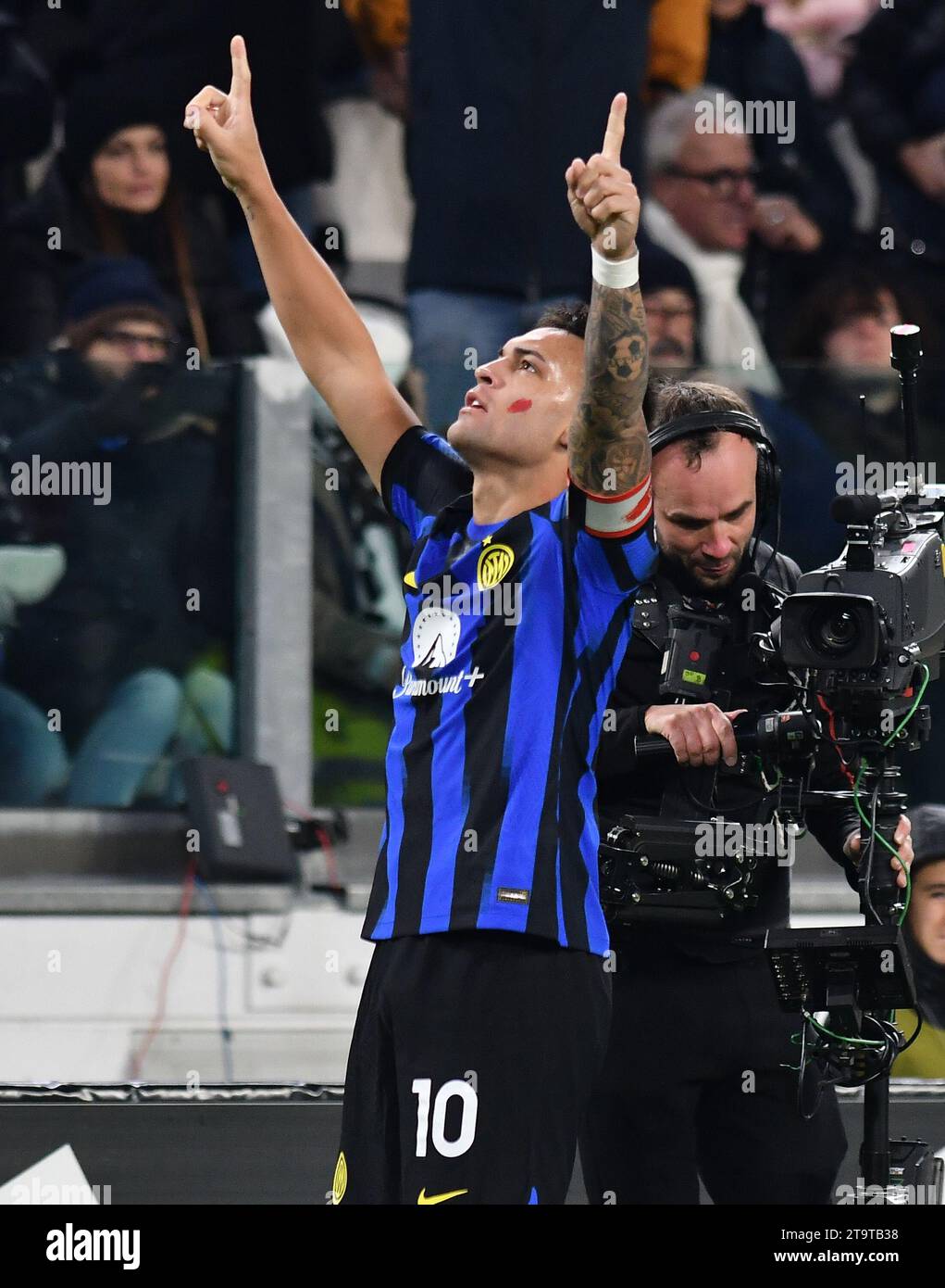 Turin, Italy. 26th Nov, 2023. FC Inter's Lautaro Martinez celebrates his goal during the Serie A football match between FC Juventus and FC Inter in Turin, Italy, Nov. 26, 2023. Credit: Federico Tardito/Xinhua/Alamy Live News Stock Photo