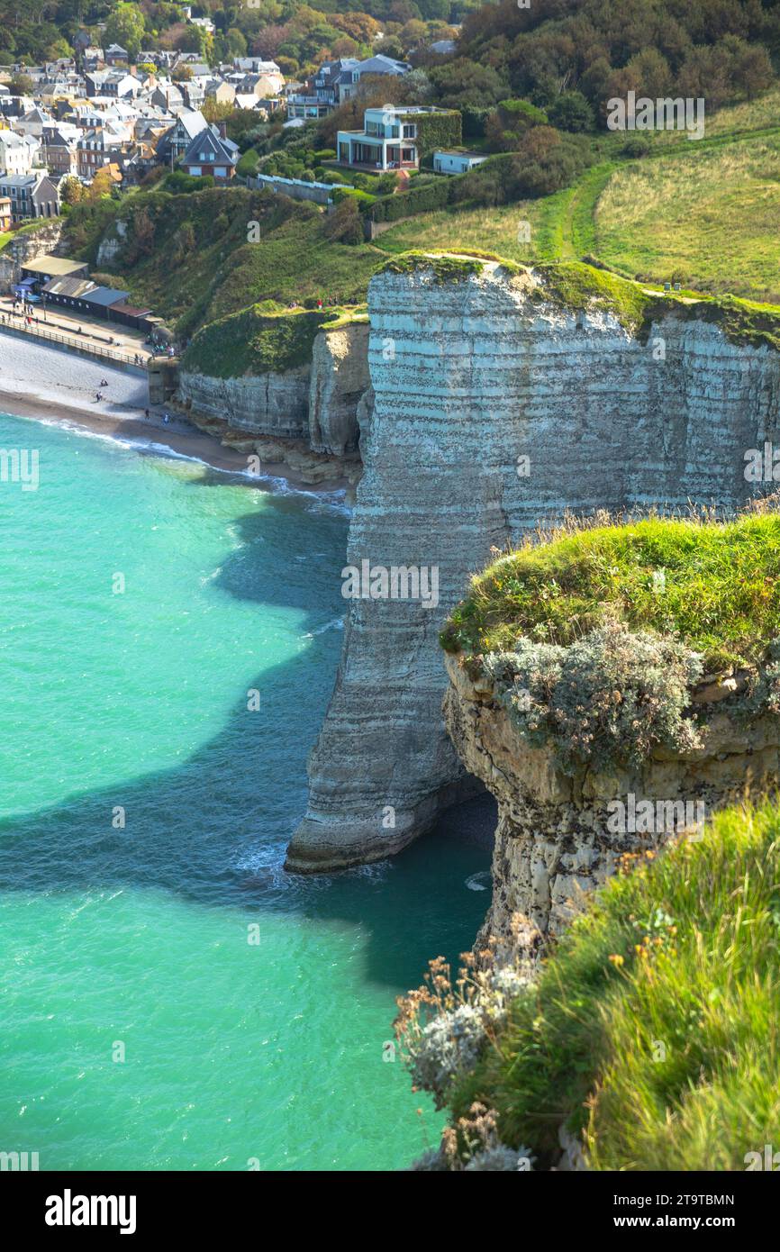 detailed of white sea cliff with sapphire blue sea in Étretat Stock