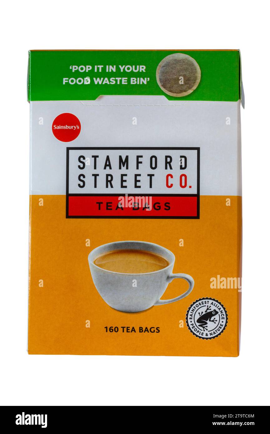 pop it in your food waste bin - information on box of Stamford Street Co  tea bags from Sainsburys isolated on white background Stock Photo - Alamy