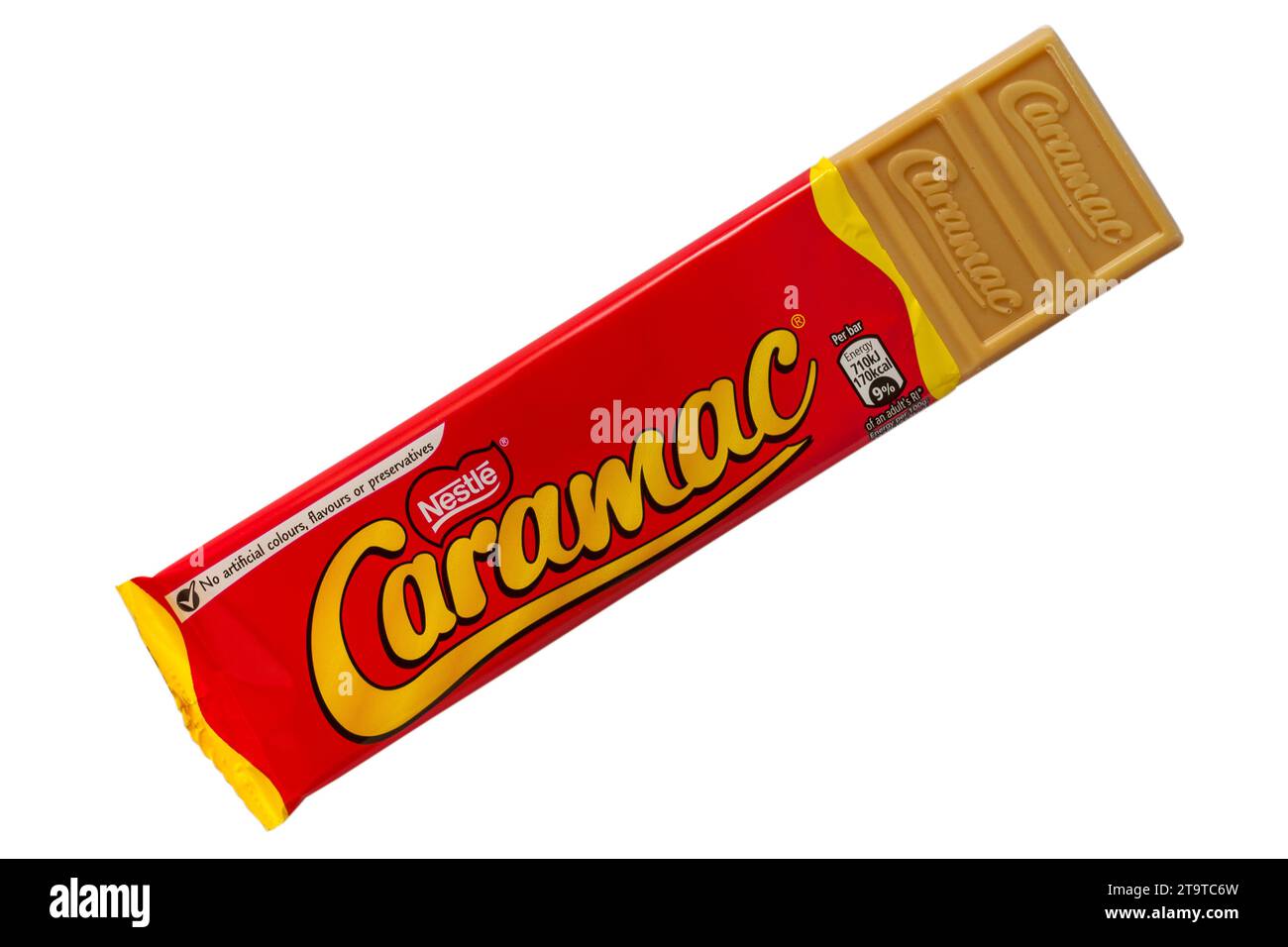 bar of Nestle Caramac chocolate opened to show contents isolated on white background - looking down on from above - The Caramel Flavour bar Stock Photo