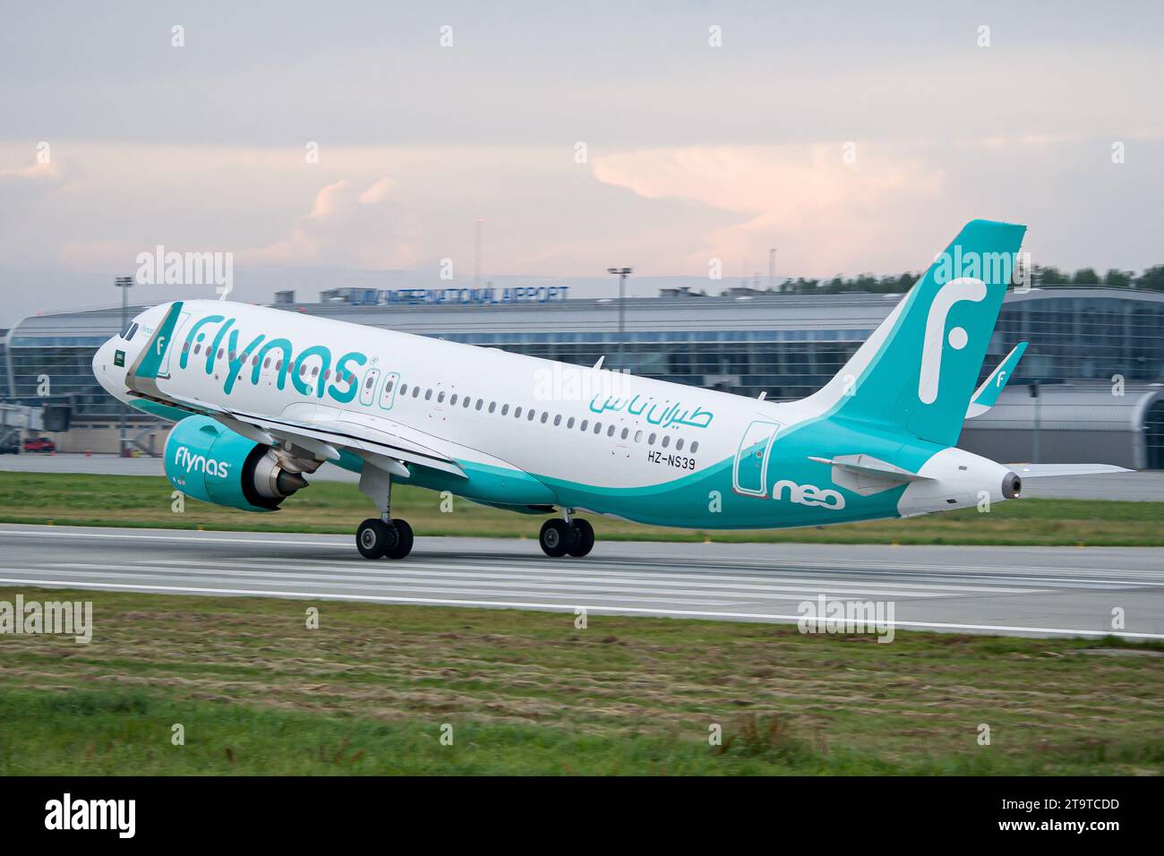 Saudi airline's Flynas Airbus A320 NEO taking off from Lviv for a flight to Riyadh Stock Photo