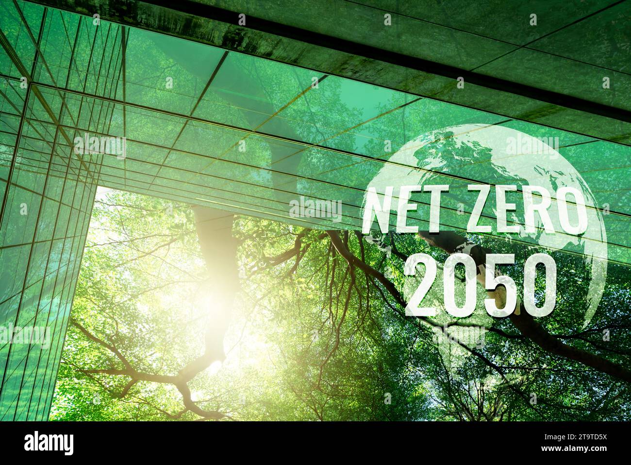 Corporate goal for net zero emissions by 2050 concept. Sustainable green building. Eco-friendly building. Climate responsible business. Sustainability Stock Photo