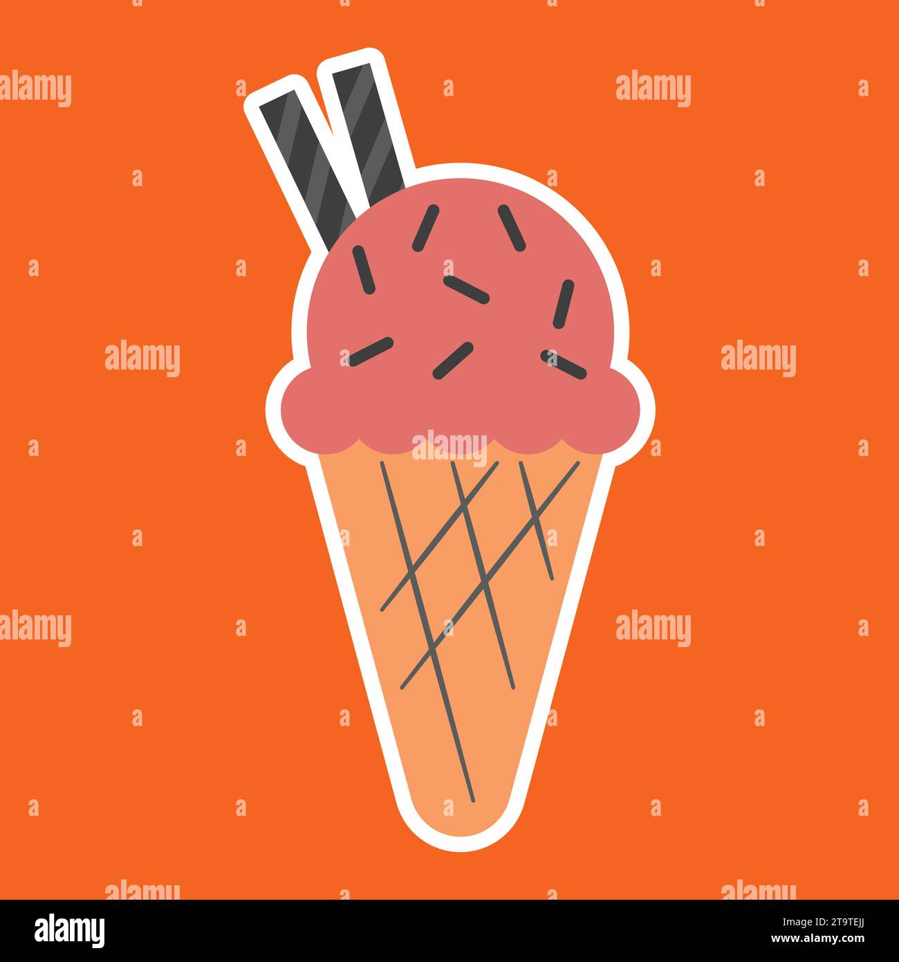 Ice cream in a waffle cone flat icon on orange background. Stock Vector