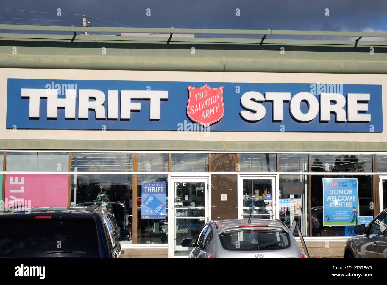 Sign of the Salvation Army Thrift Store and facade, in Dartmouth