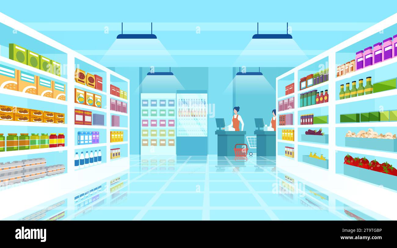 Isometric vector of an interior of a modern grocery super market Stock Vector