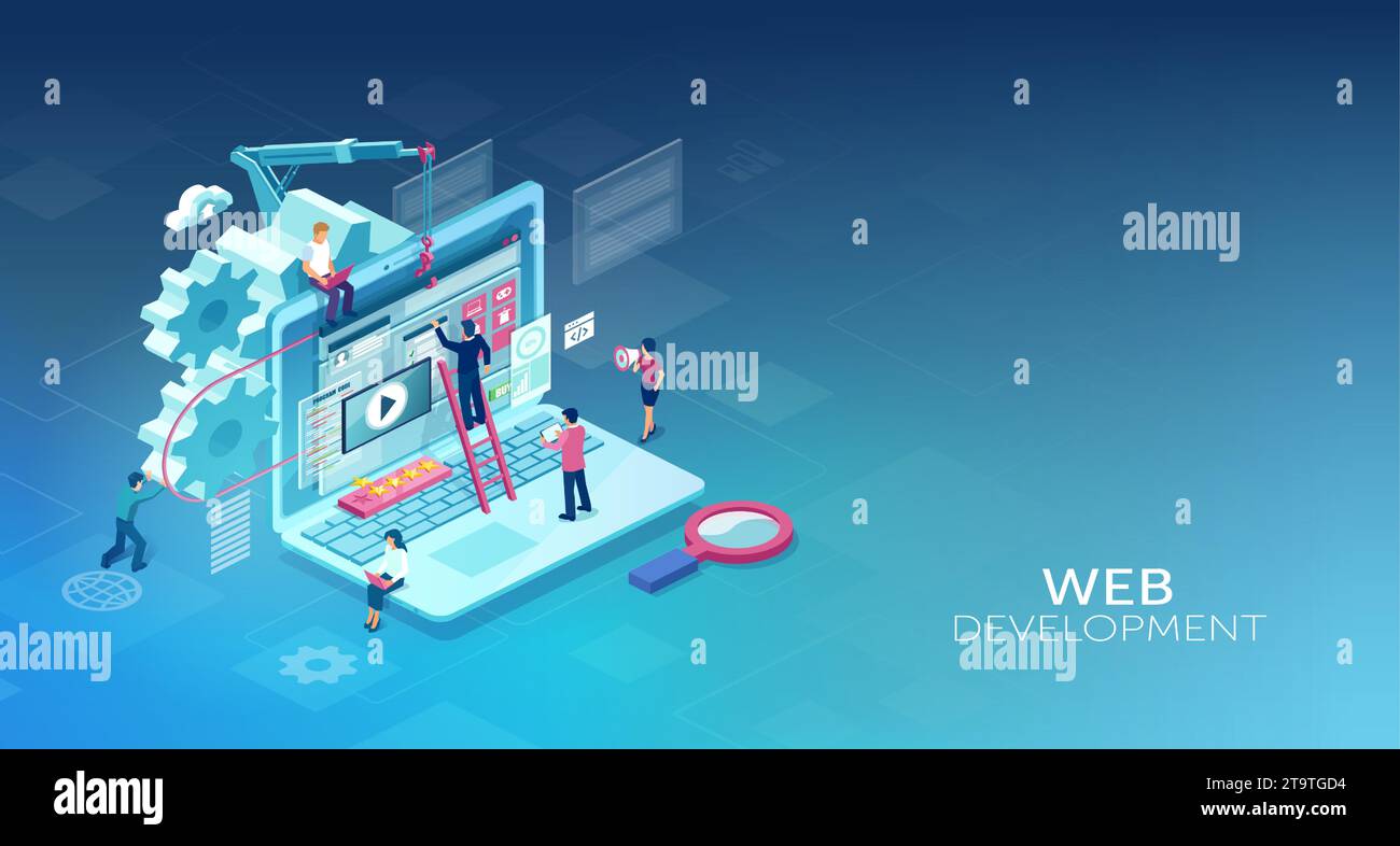 Team of professional software engineers working on a new website design and security features, isometric vector Stock Vector