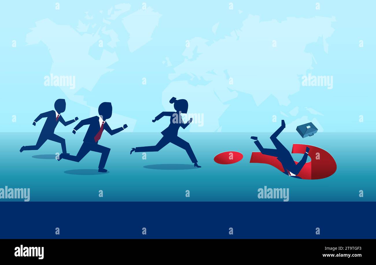 Group of business people running after a leader who fell into a question mark trap Stock Vector
