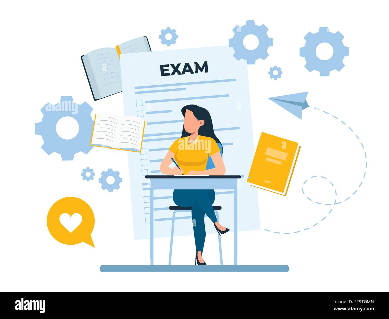 Vector of a female student studies reading books uses online resources Stock Vector