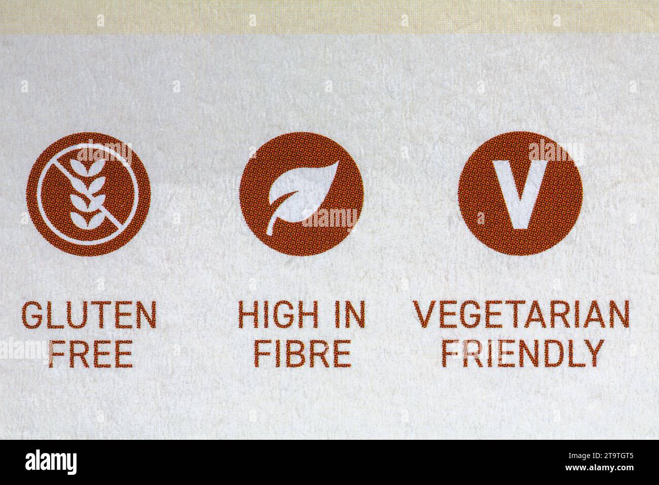 Gluten free, high in fibre and Vegetarian Friendly symbols logos on box of Bliss Whip Bars Salted Caramel Stock Photo