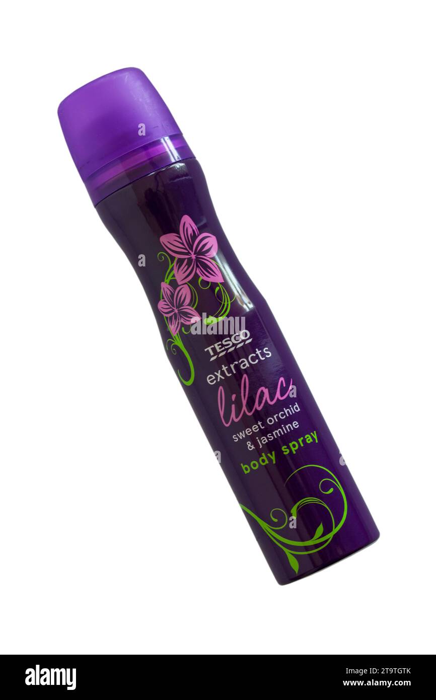 Tesco extracts lilac sweet orchid & jasmine body spray isolated on white background Stock Photo