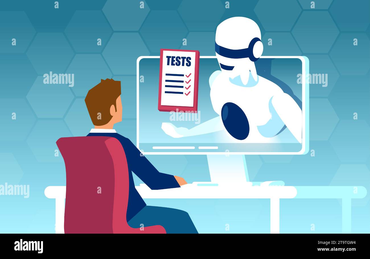 Online medical consultation and lab tests report concept. Vector of a robot, artificial intelligence giving advice to a patient man on a hospital web Stock Vector